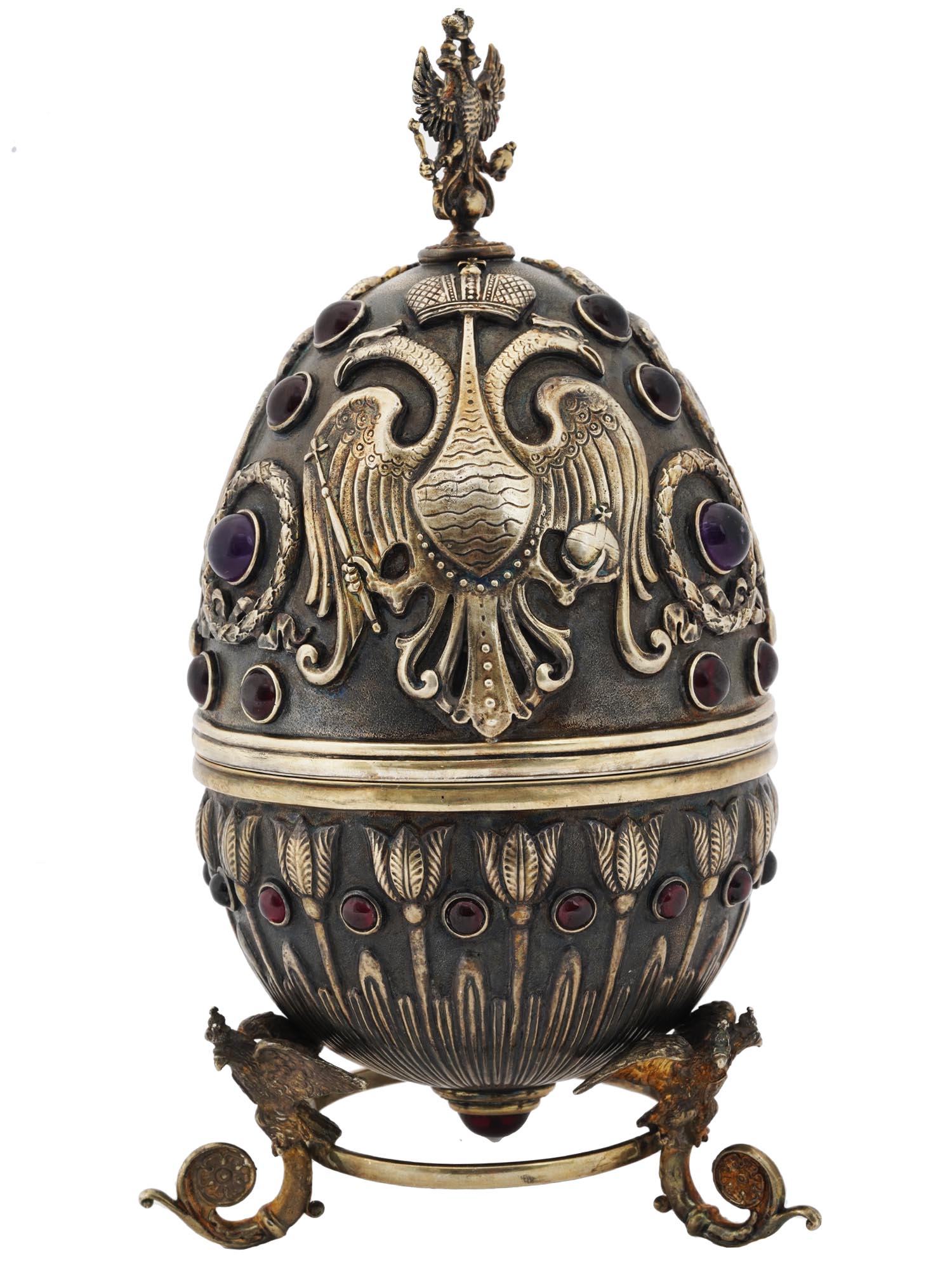 LARGE RUSSIAN GILT SILVER EGG CASKET ON STAND PIC-0